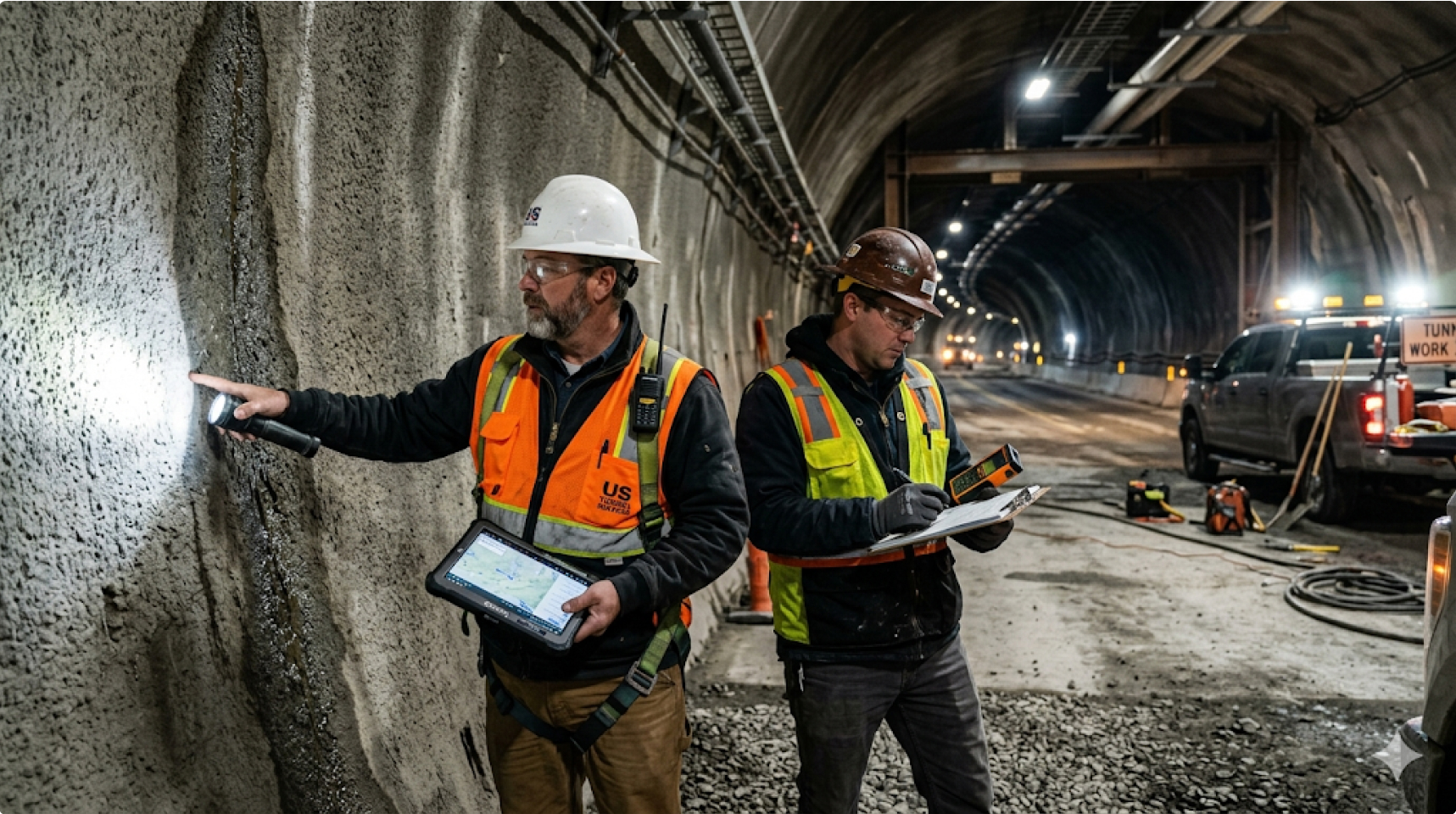 Tunnel engineers reviewing site data on a tablet