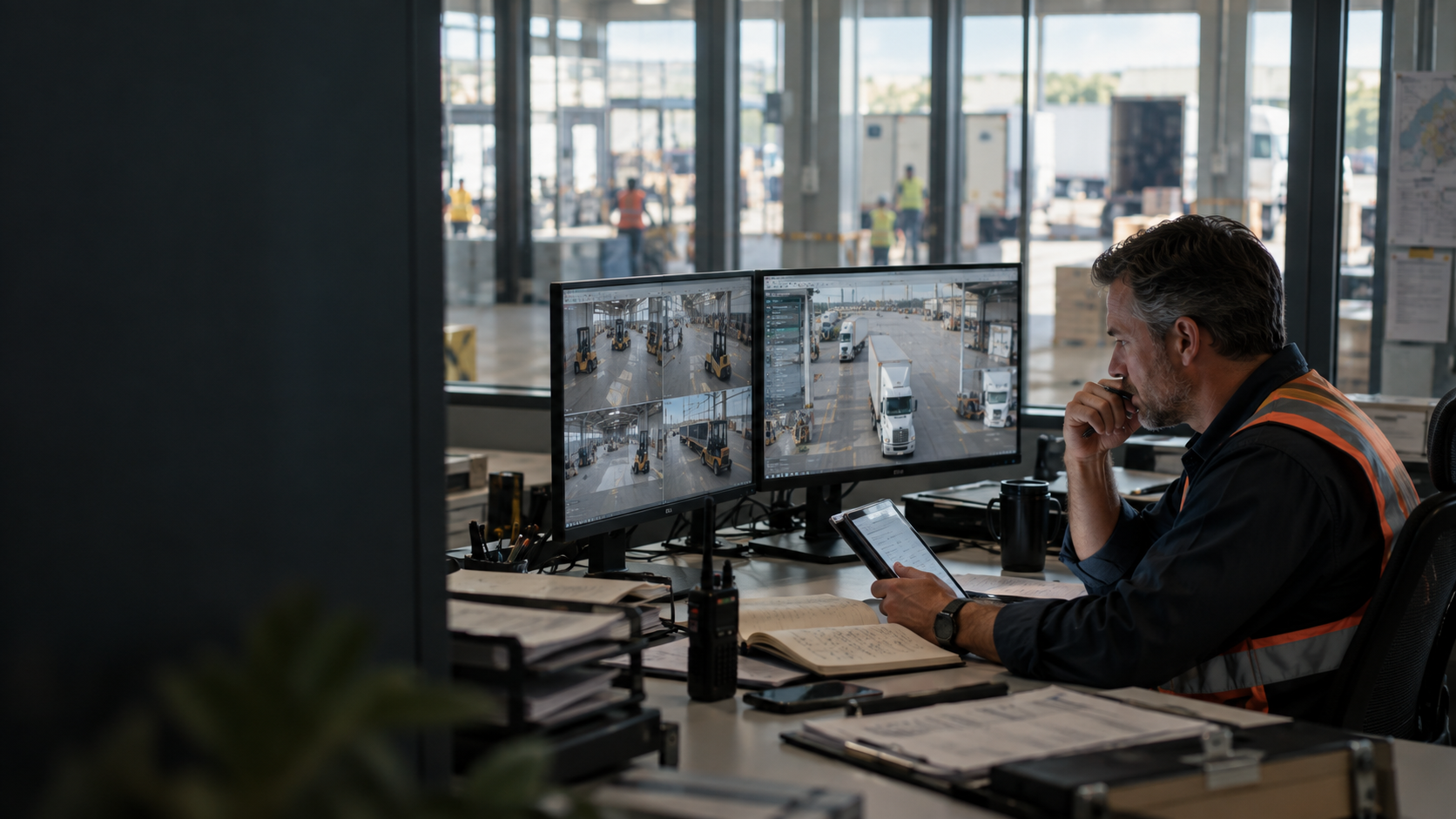 Field operator reviewing live site footage on multiple monitors