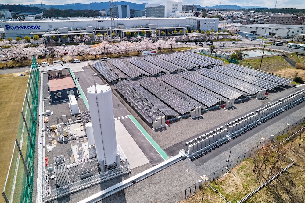 Aerial view of a solar array and energy storage at a Panasonic facility